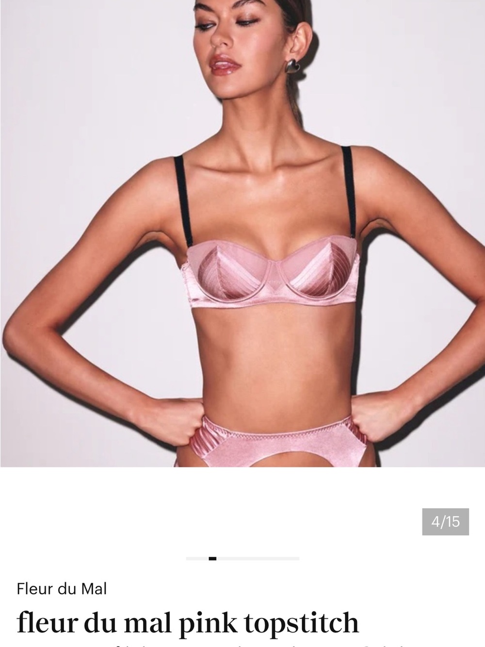 Fleur du Mal Blush Satin Balconette Bra with Black Straps